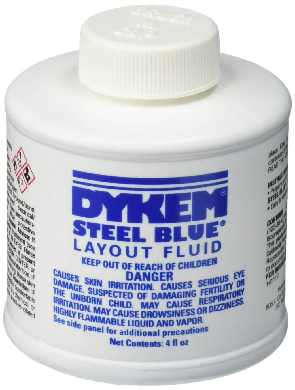 Dykem steel blue layout fluid bottle with white screw brush-in cap
