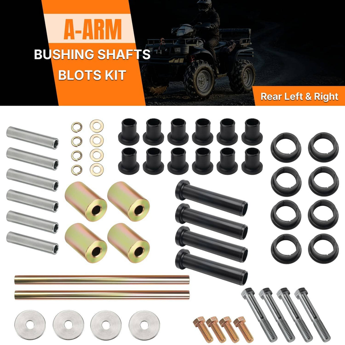 Rear A-arm bushing shaft kit parts: black bushings, gold shafts, bolts, washers