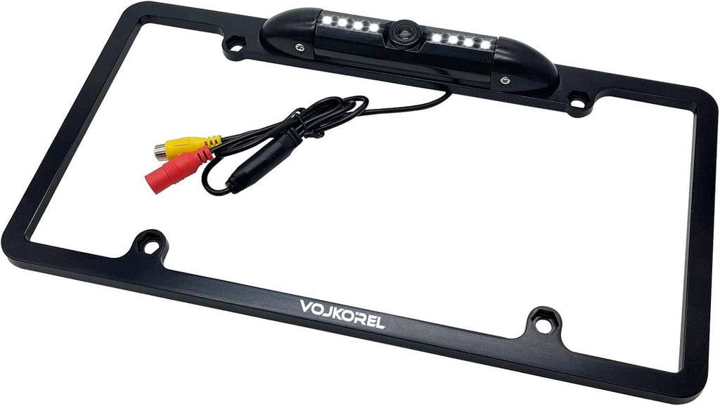 Black license plate frame backup camera kit with LED light bar and wiring harness