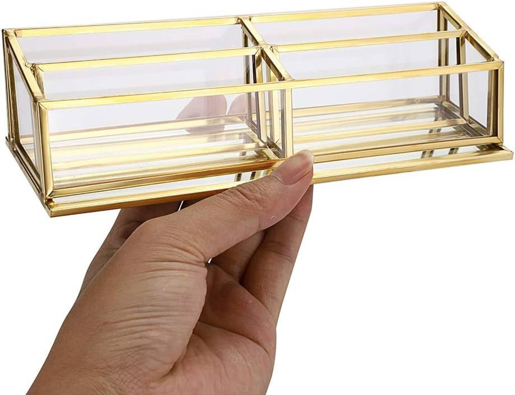 Gold 4-slot business card holder with clear glass compartments, side view in hand