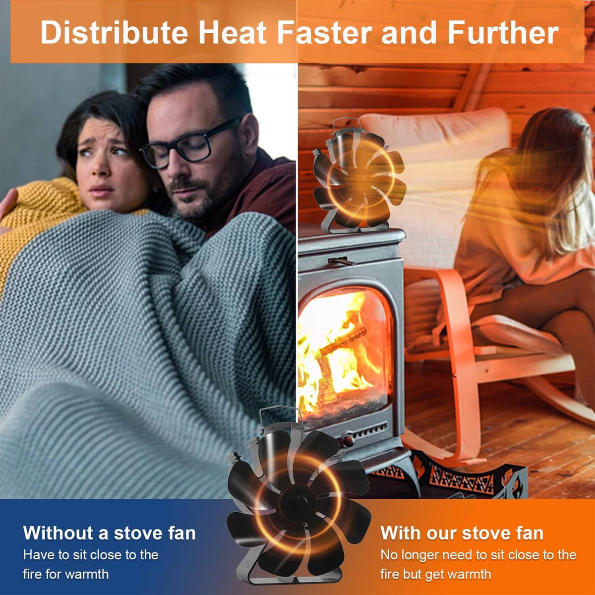 Black heat-powered stove fan with 8 blades on a wood stove