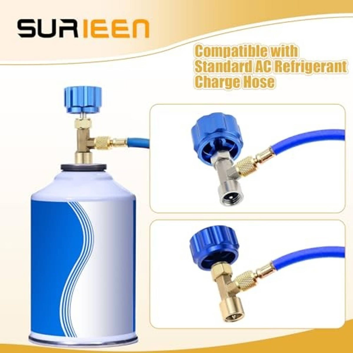 Refrigerant can charge adapter with blue knob and brass 1/4in SAE fittings