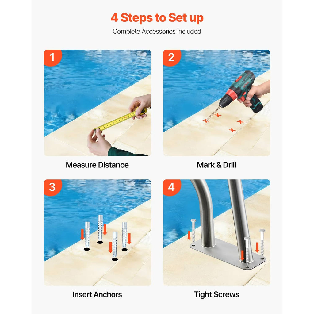 Pool handrail installation accessories set with screws and mounting hardware
