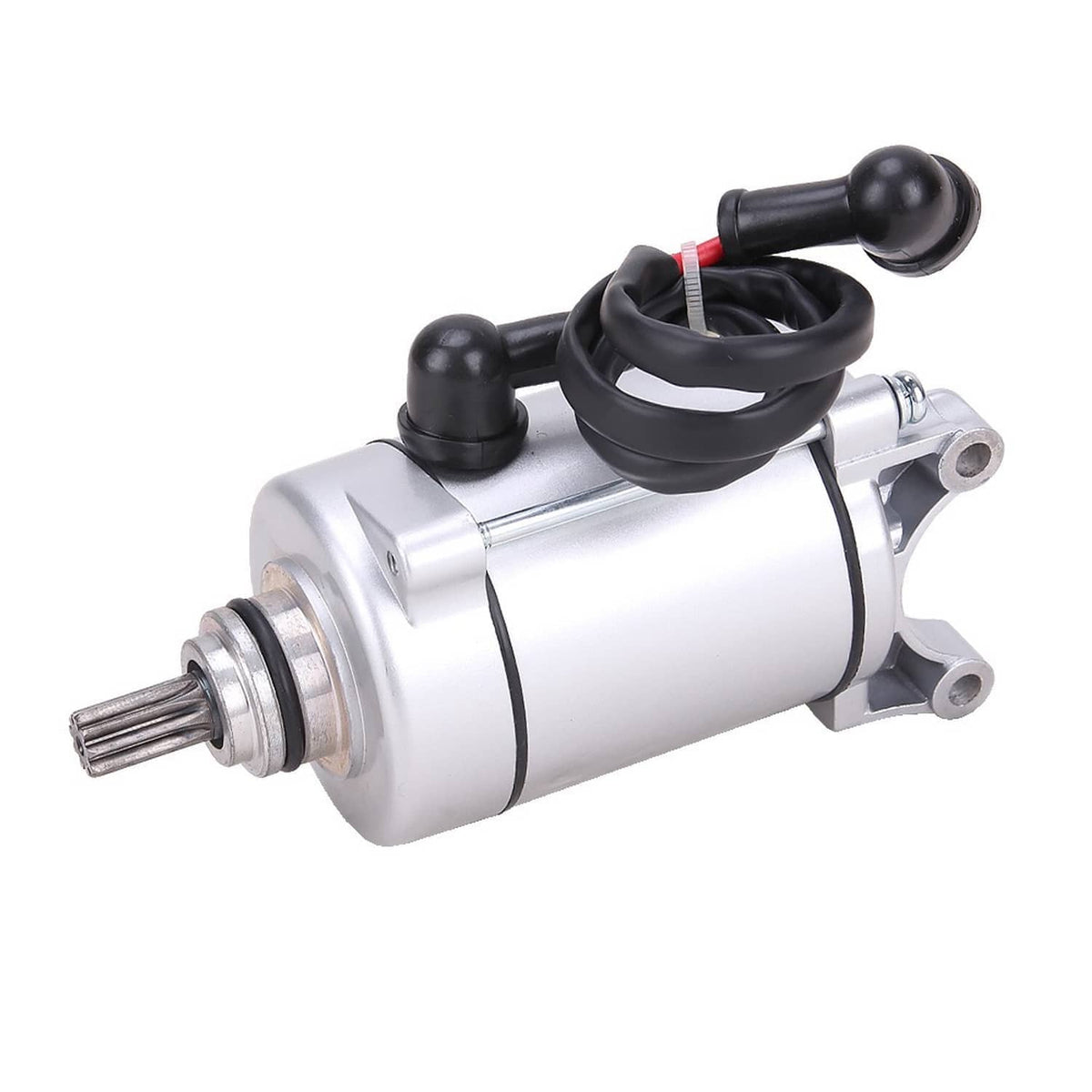ATV starter motor angled view with silver housing, output shaft, and black insulated connectors