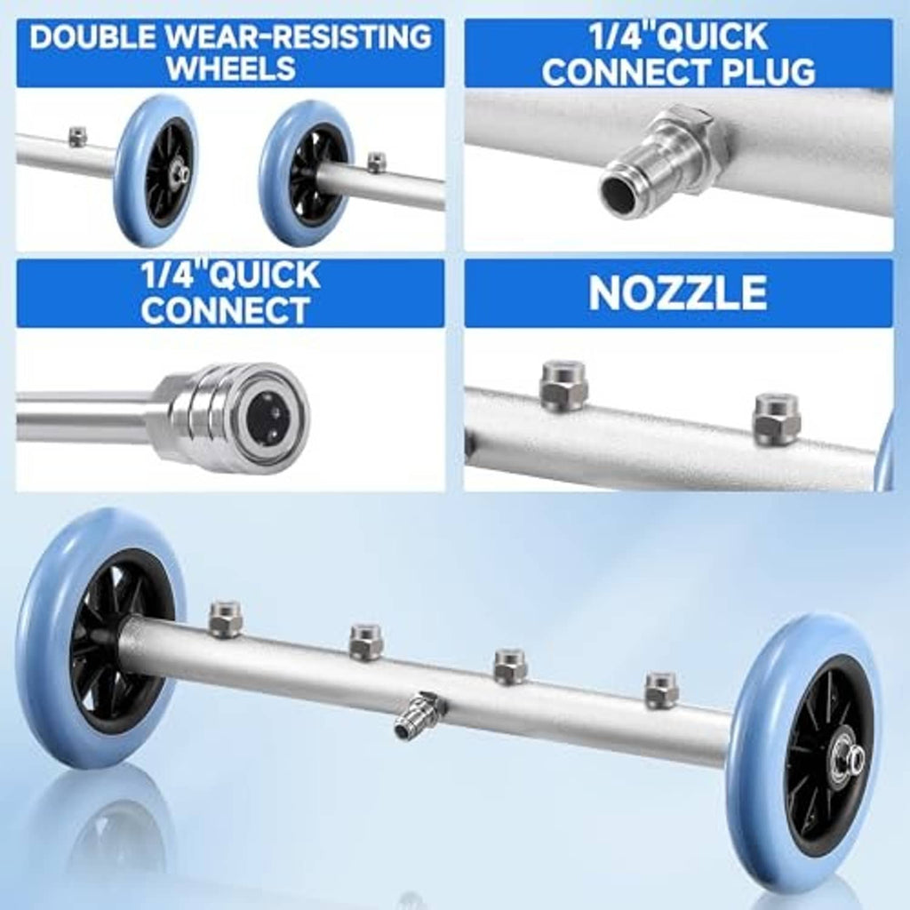 Undercarriage washer extension wand with blue wheels and 1/4 quick-connect nozzle