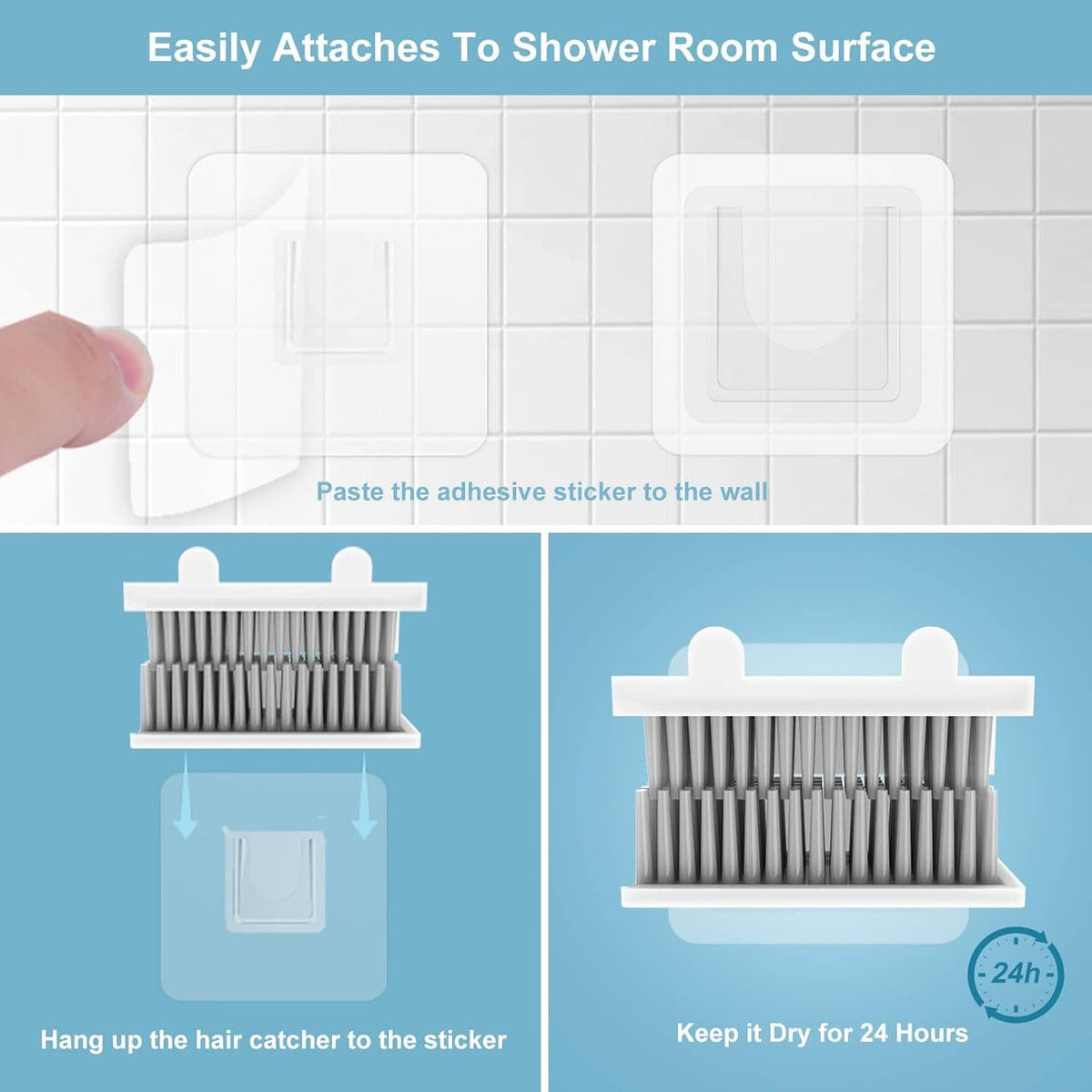 Shower hair catcher with adhesive mounting sticker and snap-on bristle tray