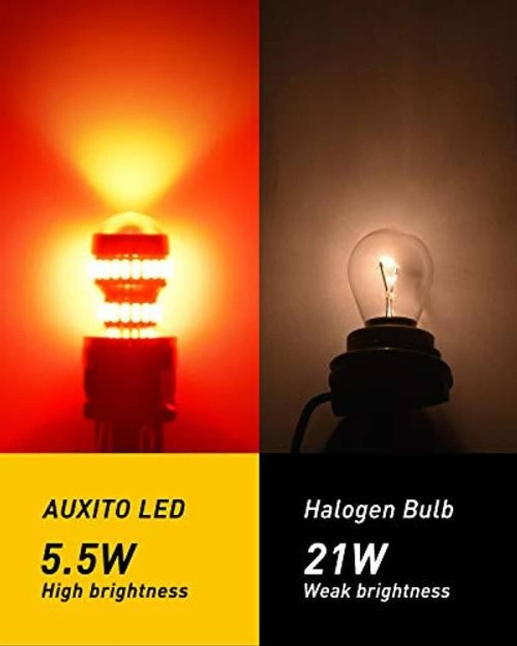 Red LED bulb illuminating with red glow and a warmer yellow light beam