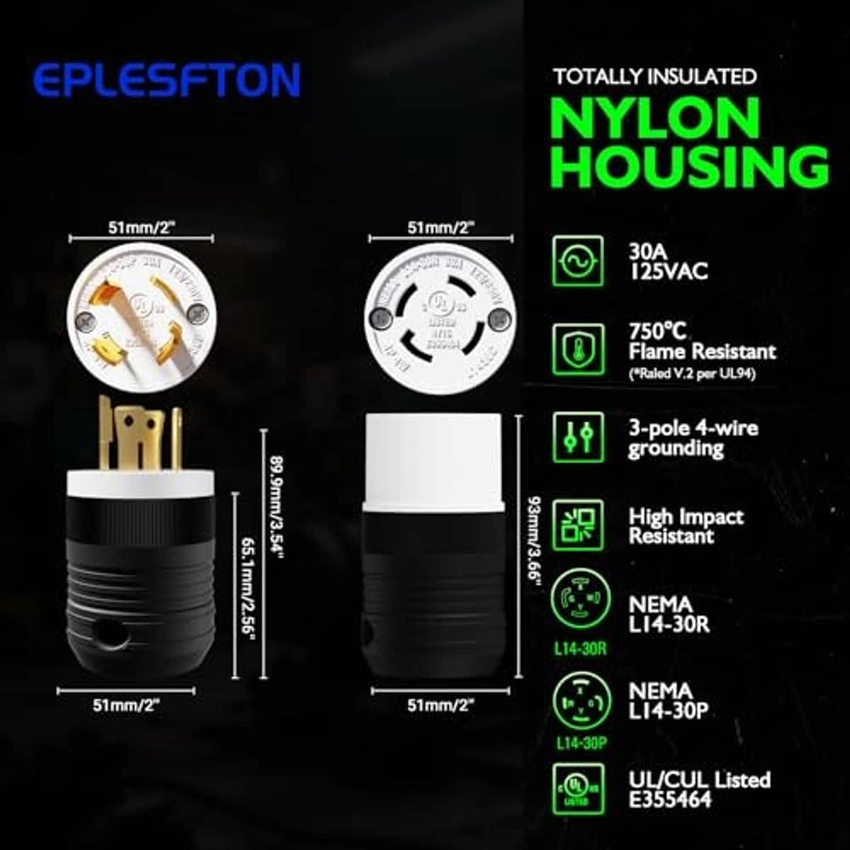 Generator twist-lock plug with silver front and brass 3-prong insert in black ribbed housing
