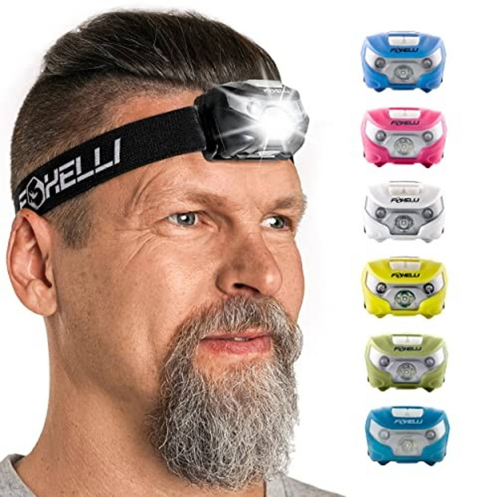 Foxelli rechargeable LED headlamp on a head strap; multiple color headlamp options shown
