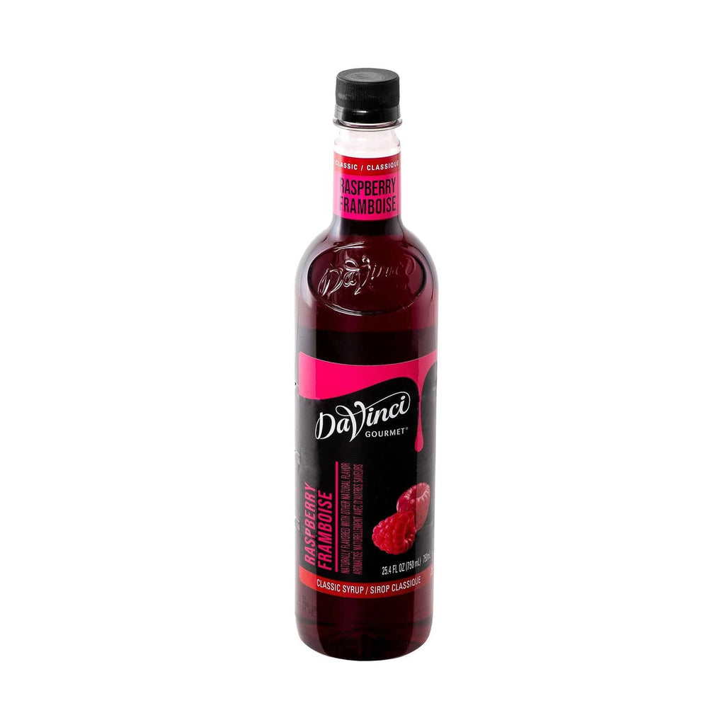 DaVinci raspberry syrup bottle front view with pink stripe and raspberries