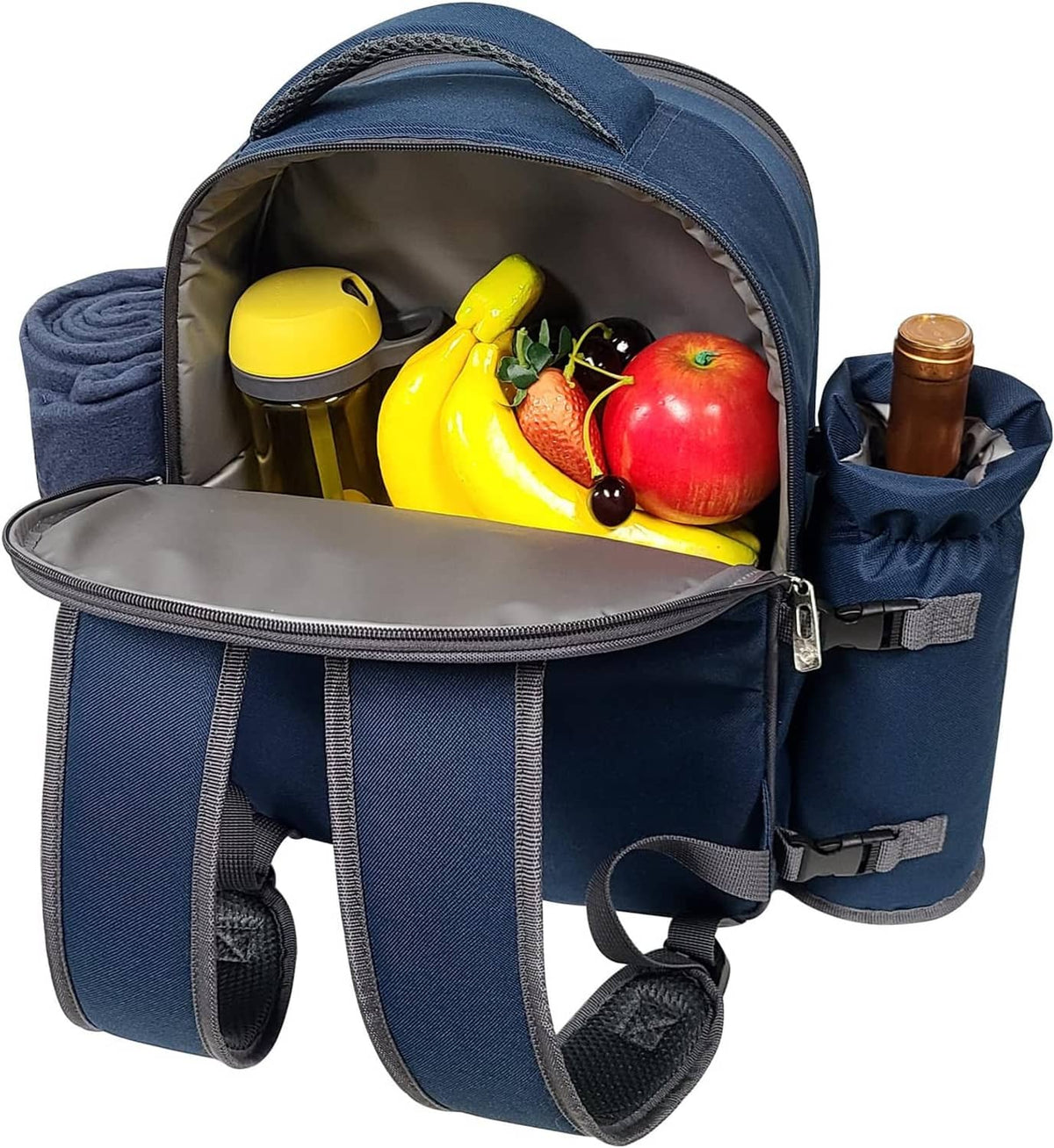 Teal picnic cooler backpack open with food and bottles inside front compartment