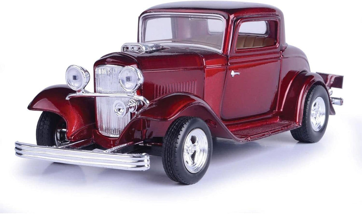 Red 1/24 scale diecast model car, headlights and chrome bumper in front view