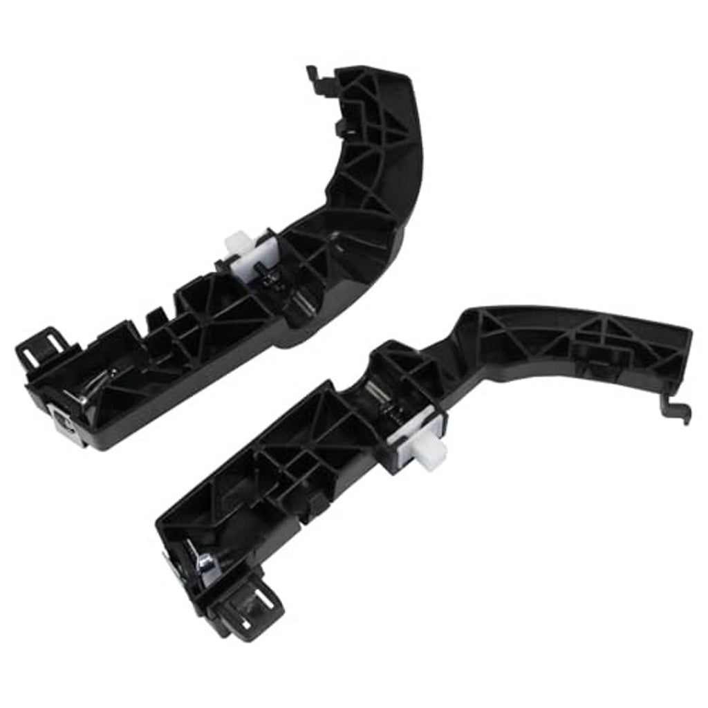 Two front bumper support brackets with molded black structure and white alignment inserts.