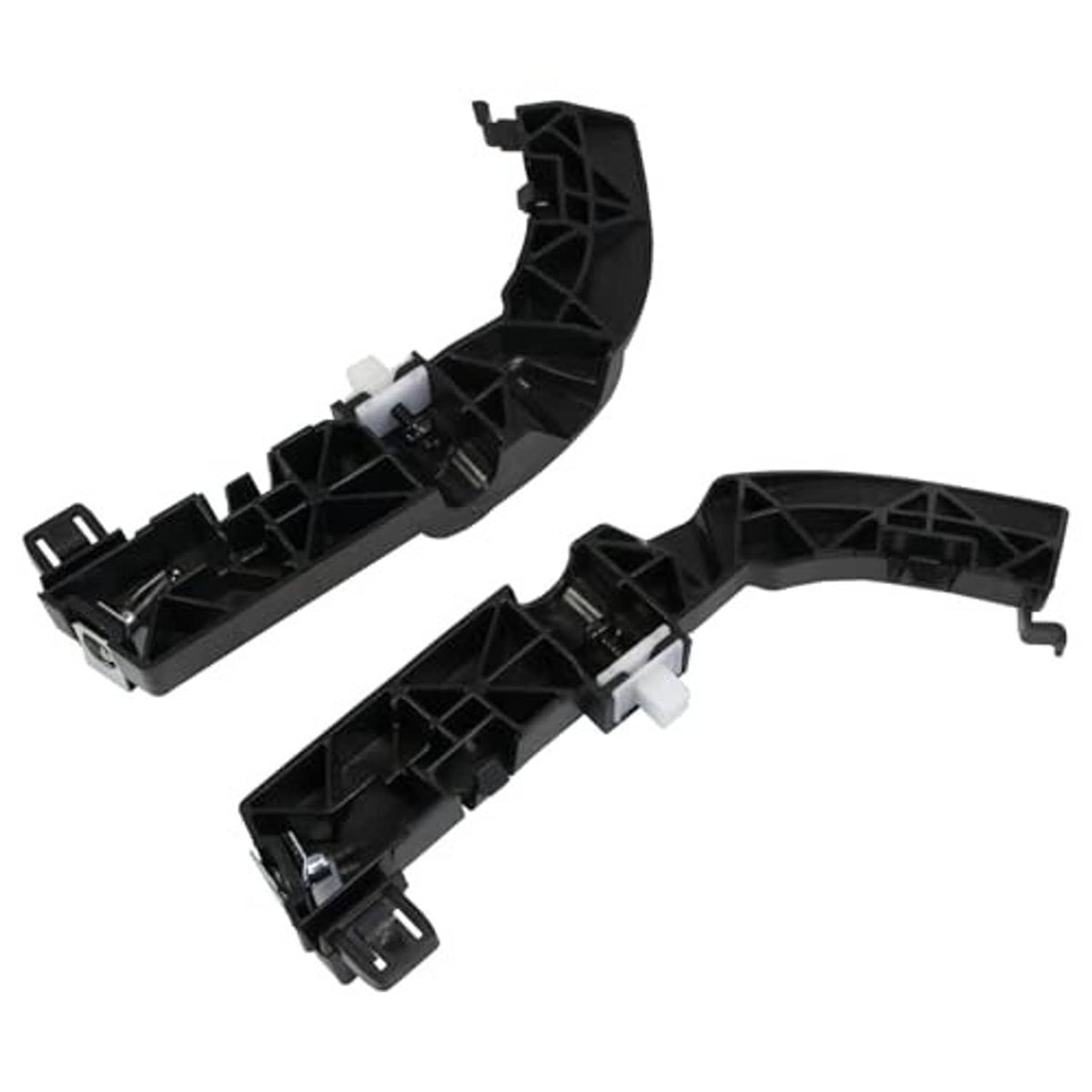 Two front bumper support brackets with molded black structure and white alignment inserts.