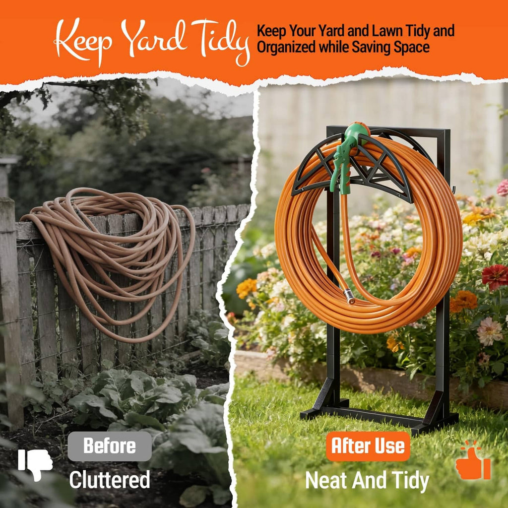 Freestanding garden hose holder with orange coil on black stand and green nozzle.