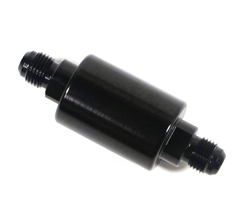 Inline AN6 fuel filter, angled view showing black canister and male threaded ends