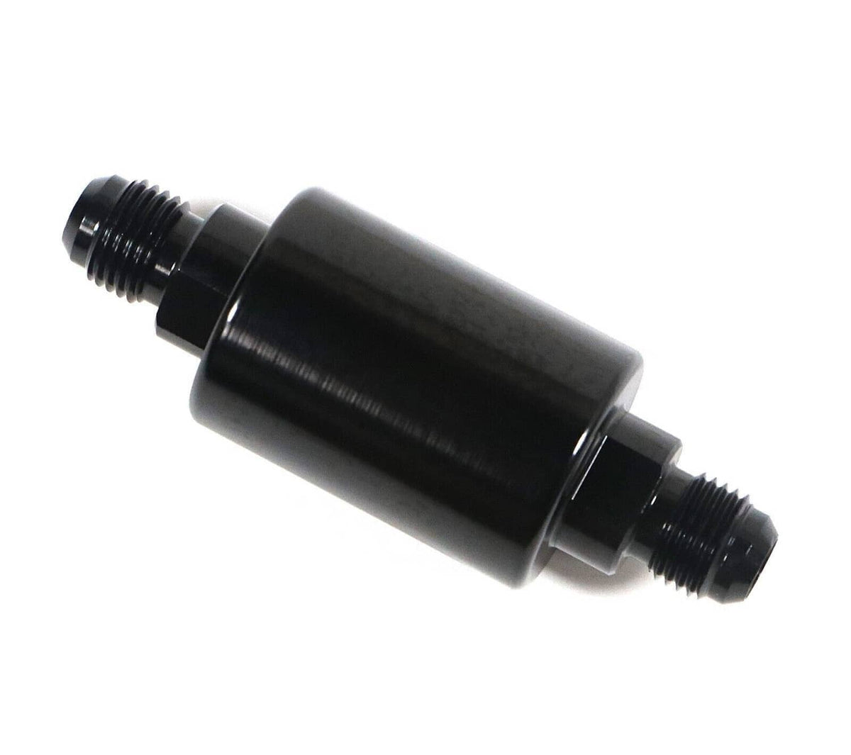 Inline AN6 fuel filter, angled view showing black canister and male threaded ends