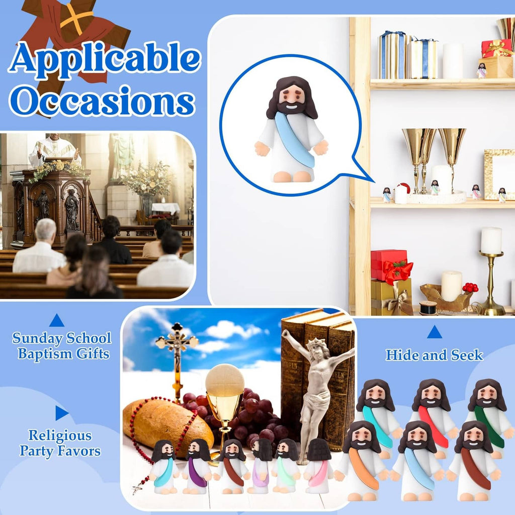 Mini rubber Jesus figurines with colorful robes displayed for religious occasions