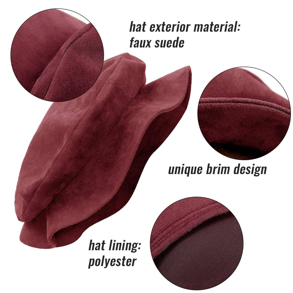 Wine burgundy faux suede flat beret with inner polyester lining