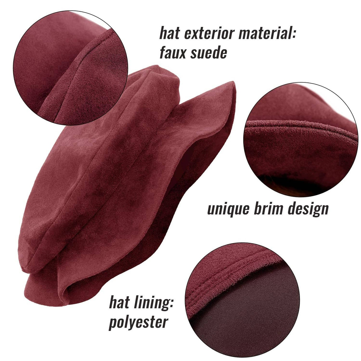 Wine burgundy faux suede flat beret with inner polyester lining