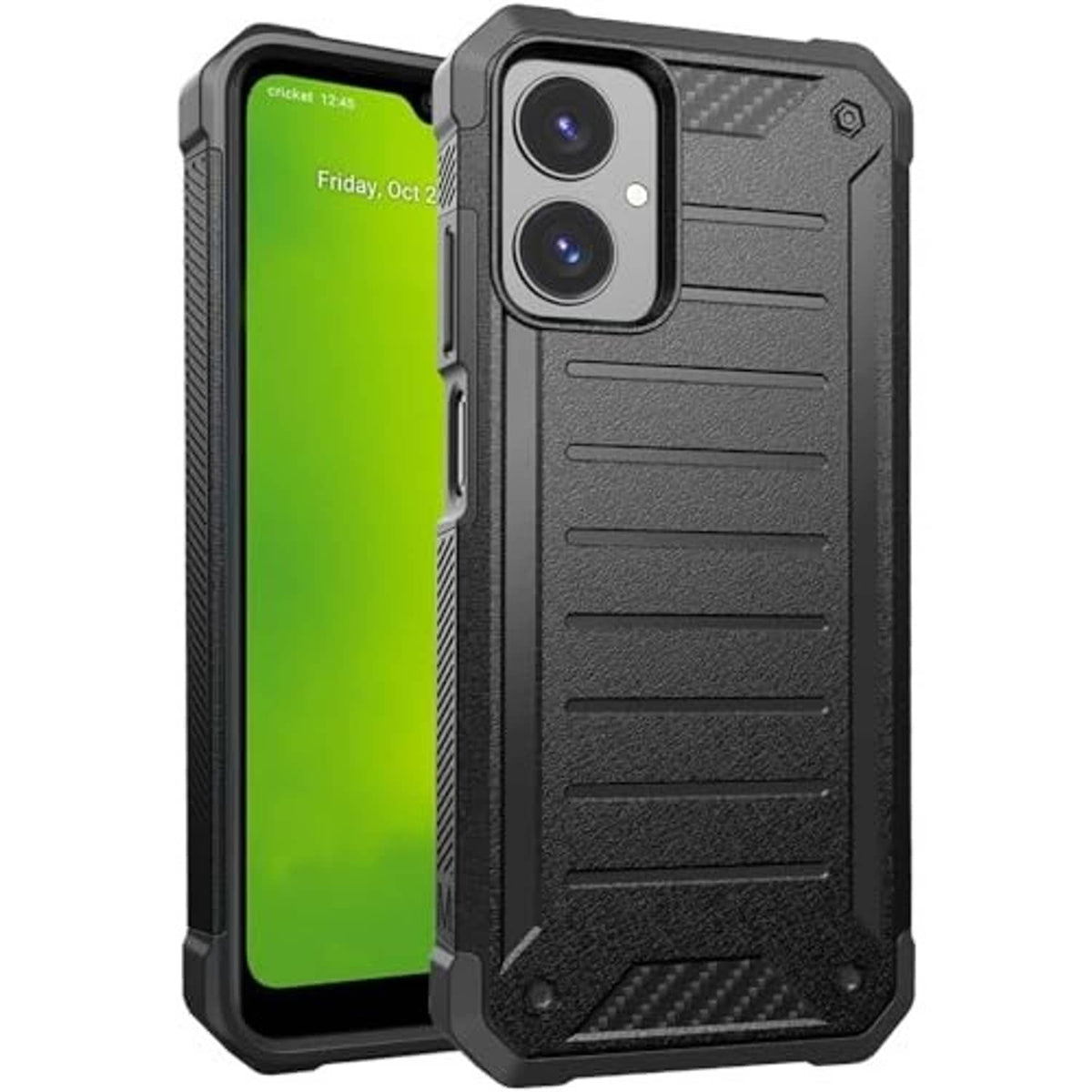 Black rugged phone case with included screen protector and dual camera cutouts