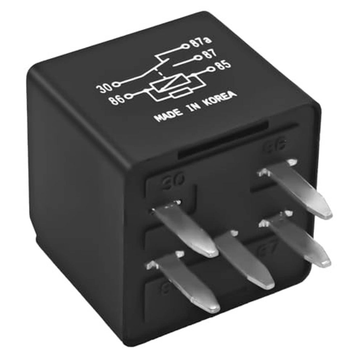 Black automotive relay cube showing contact diagram and five metal pin terminals