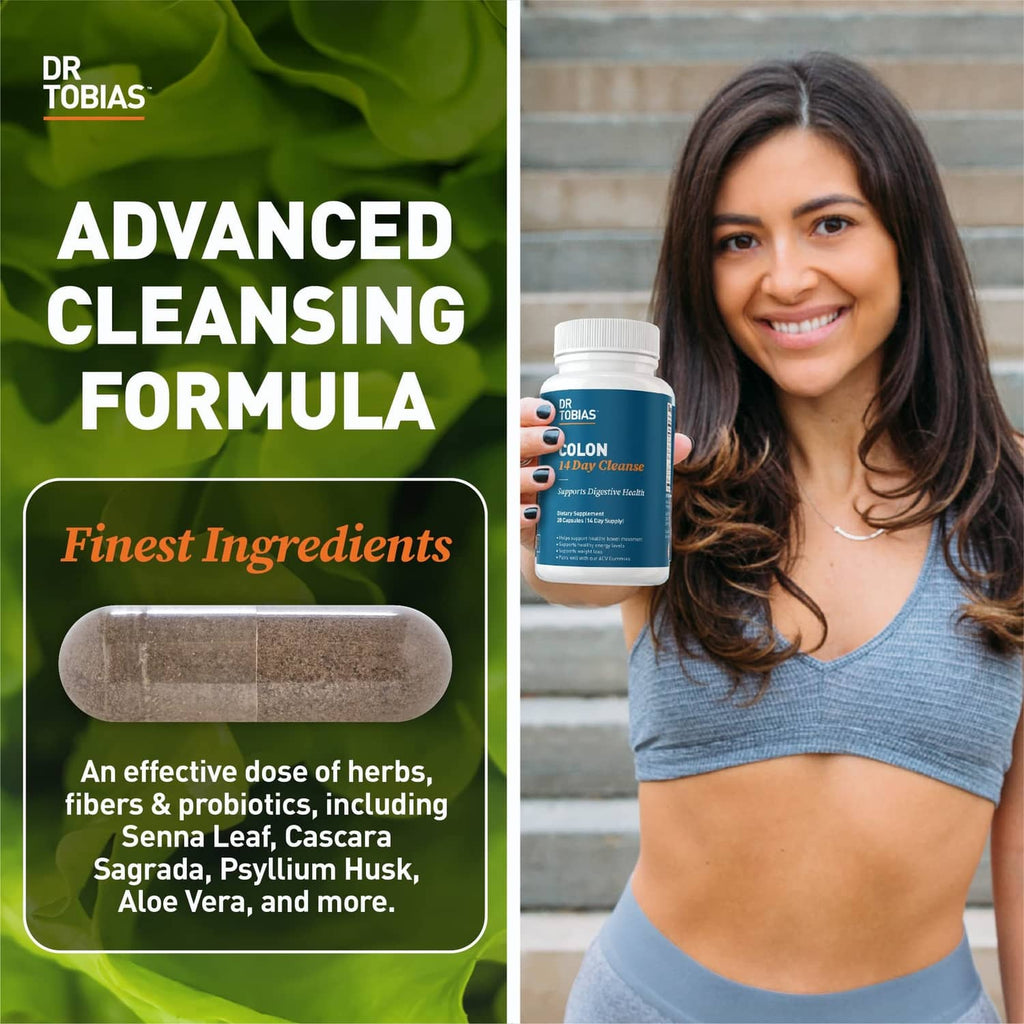 Colon 14 Day Cleanse supplement bottle held by a smiling woman