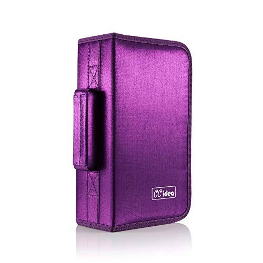 Purple CD/DVD storage binder case upright with side hinge and zipper logo patch