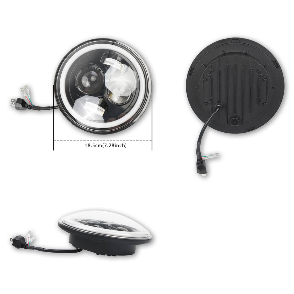 Pair of round LED headlights with chrome rings, clear lenses, and back cover wiring