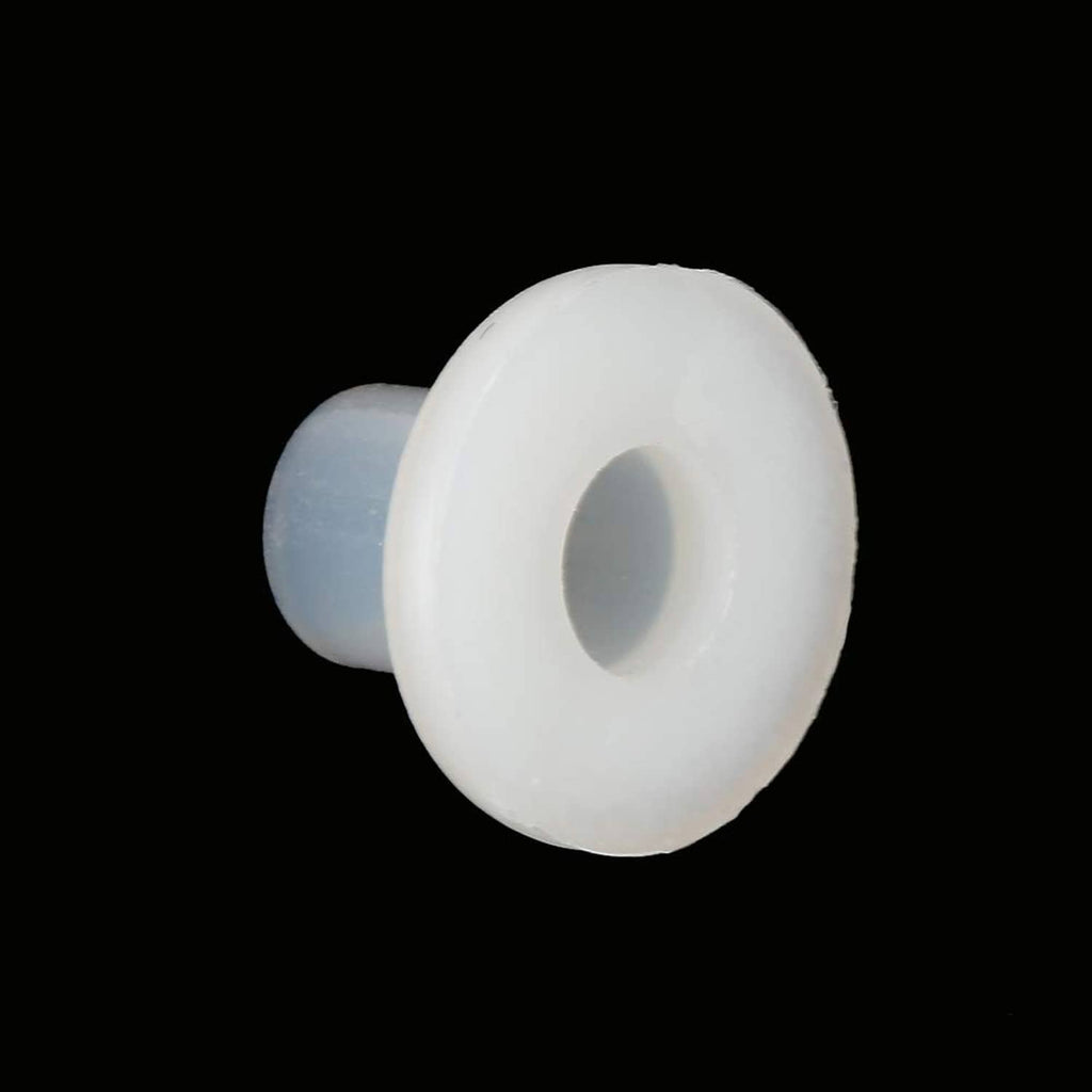 White insulated spacer bushing with large round flange and central hole, small post