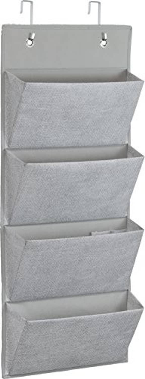 Gray fabric wall pocket organizer with three visible compartments and top hanging hooks