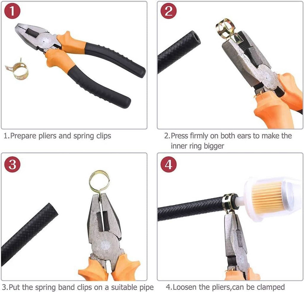 Spring hose clamp installation steps with pliers and clips on a hose