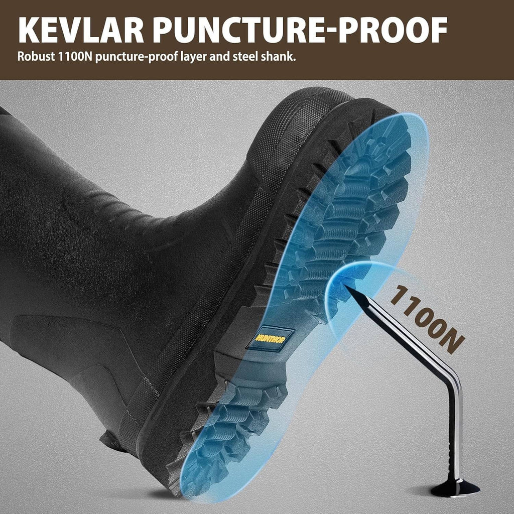 Black rubber work boot close-up showing blue outsole tread, protective toe area.