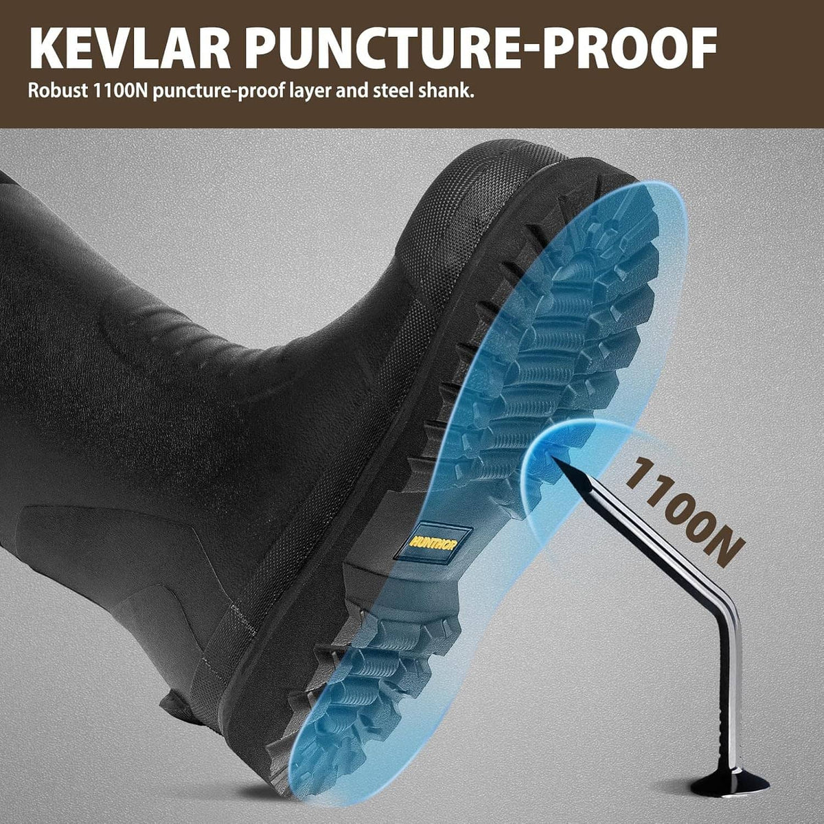Black rubber work boot close-up showing blue outsole tread, protective toe area.