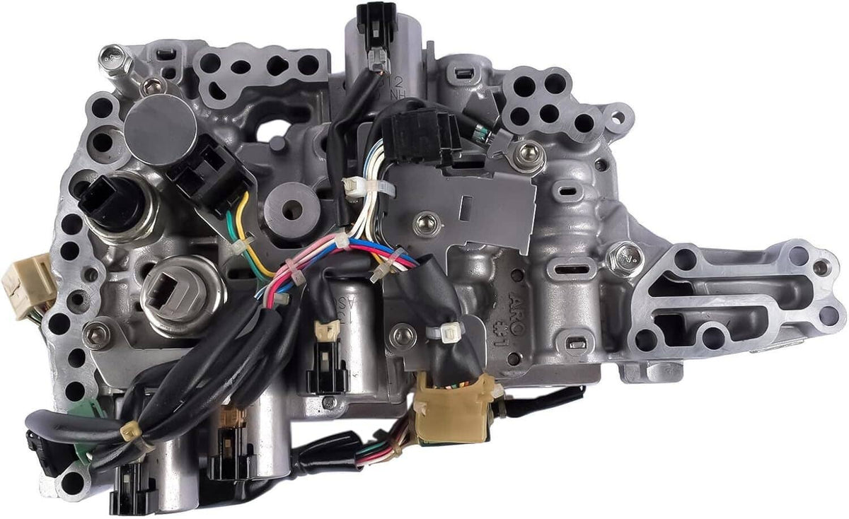 Transmission valve body assembly with wiring harness, solenoids, and connectors, silver-gray metal.