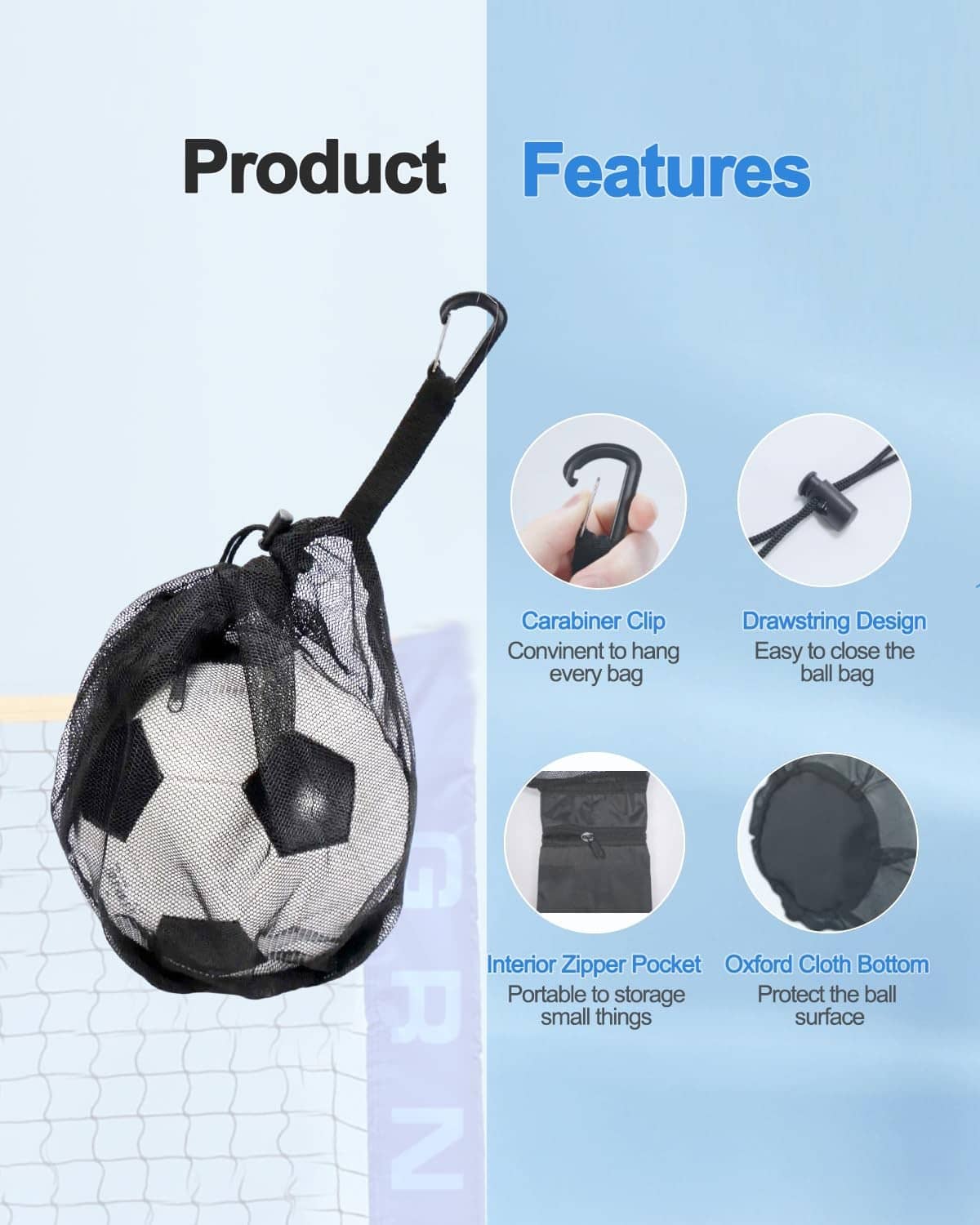 Black mesh ball bag with carabiner handle and interior zip pocket