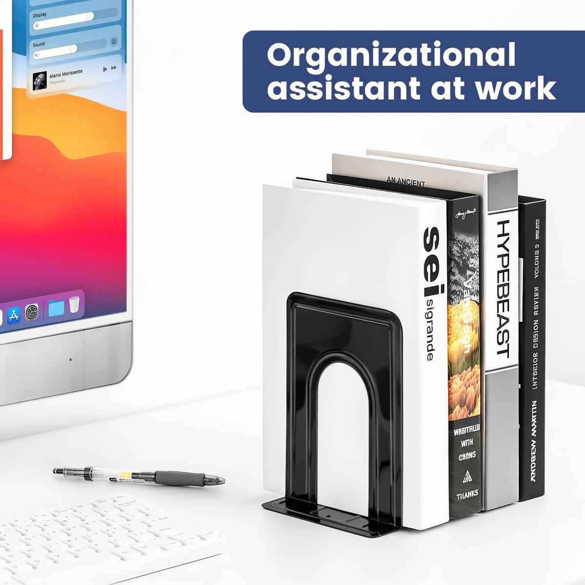 Black metal bookend securing books on a desktop, arched uprights and weighted base