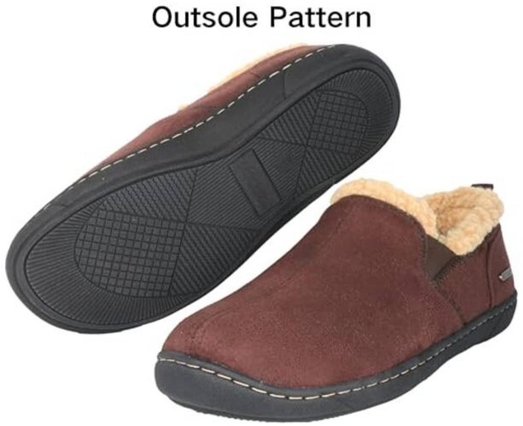 Chocolate suede slippers showing textured rubber outsole and tan inner wool-blend lining