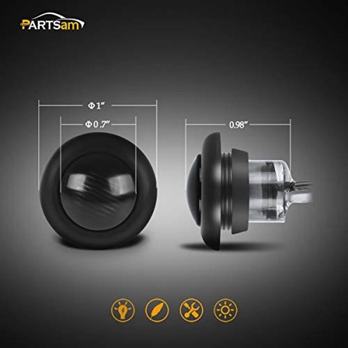 3/4" round LED marker light size view, black housing and clear lens