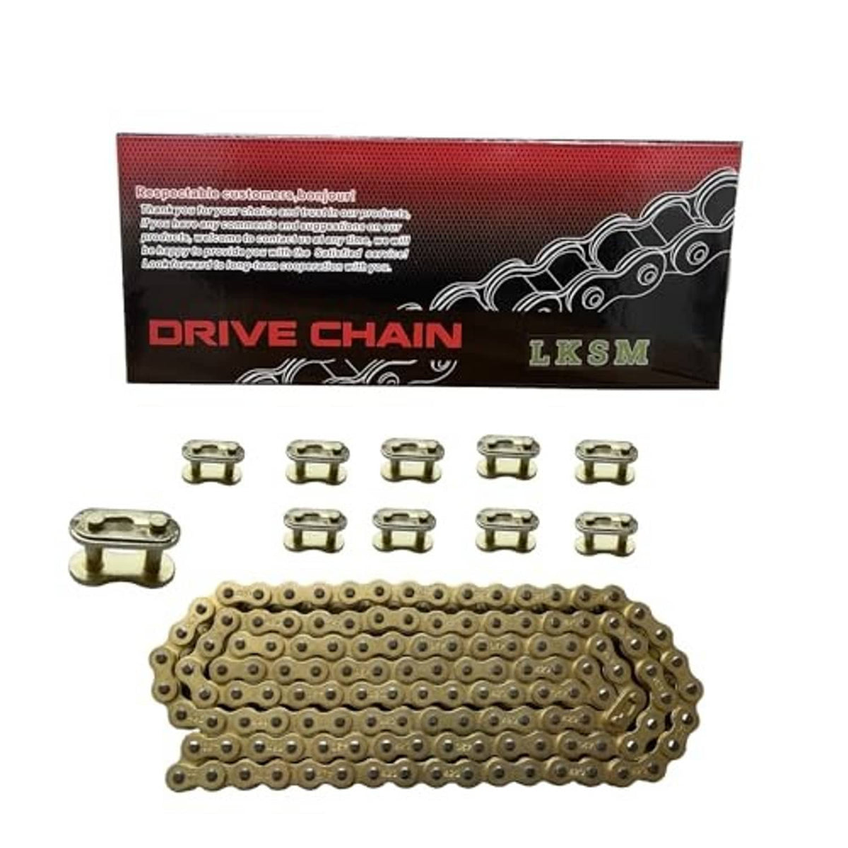 Gold roller chain with multiple connected links and included master link clip