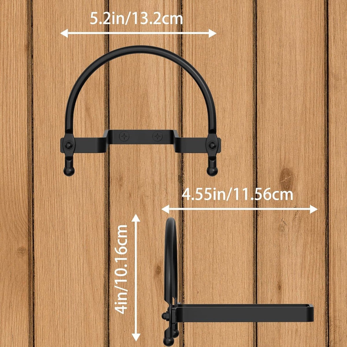 Black wall-mount hat rack holder with arched hooks, shown with measurements