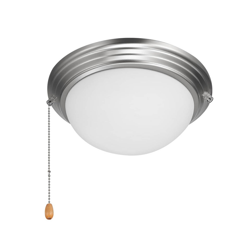 Silver flush-mount ceiling light with frosted glass globe and hanging pull chain