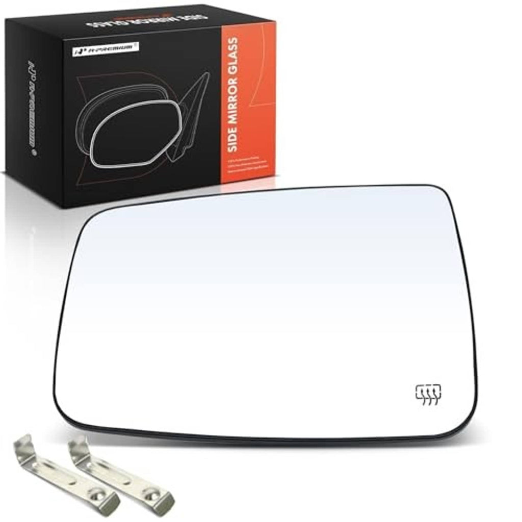 Heated side mirror glass with backing plate, showing heat symbol and mounting clips