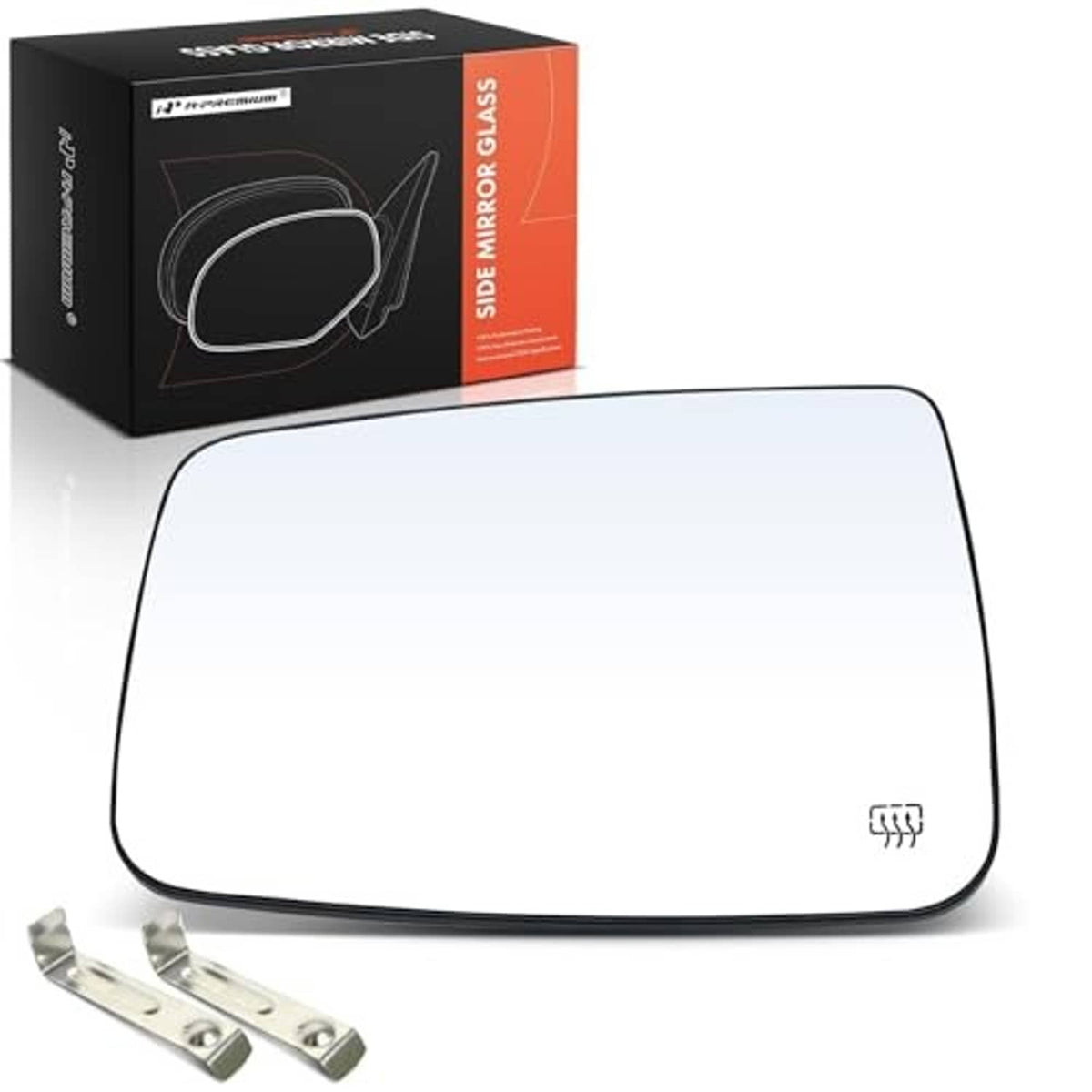 Heated side mirror glass with backing plate, showing heat symbol and mounting clips