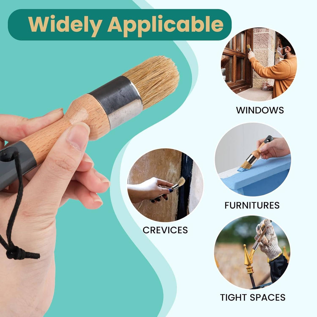 Small wax paint brush with light wood handle and beige bristles, held by hand