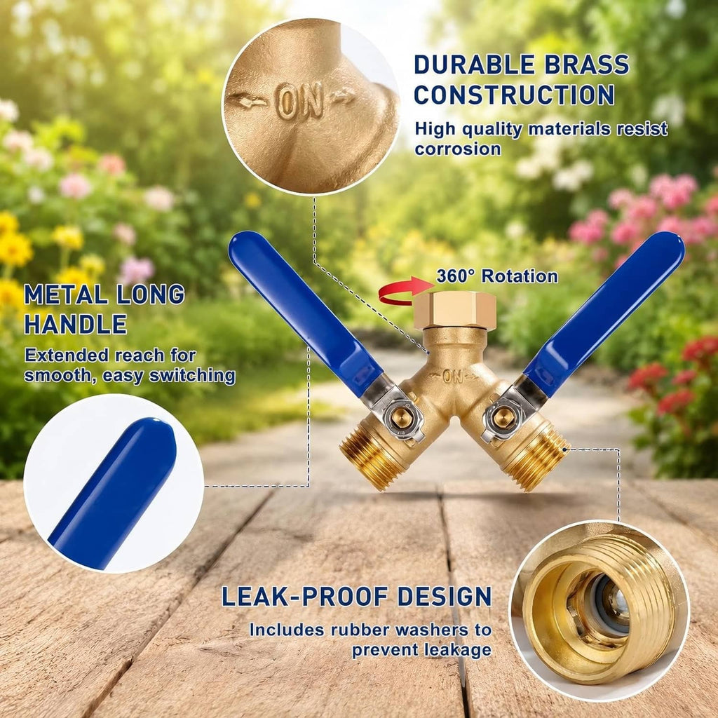 Brass garden hose splitter with long blue handles and leak-proof connector