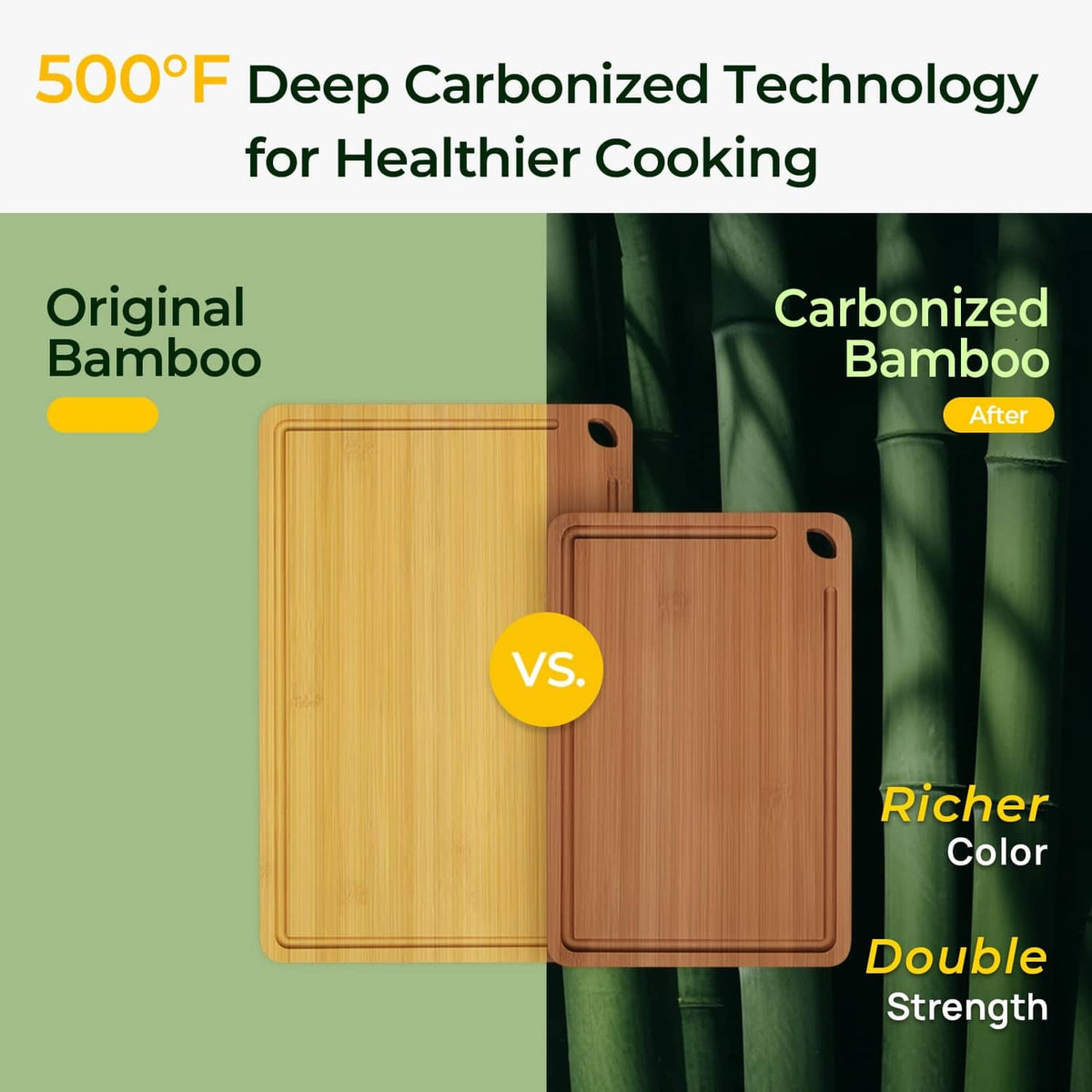 Two brown bamboo cutting boards with corner holes, stacked for comparison
