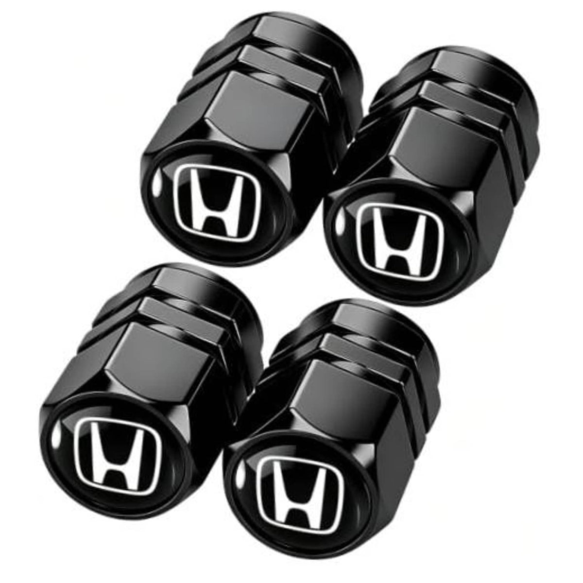 Set of black metal tire valve stem caps with Honda logo, hex design