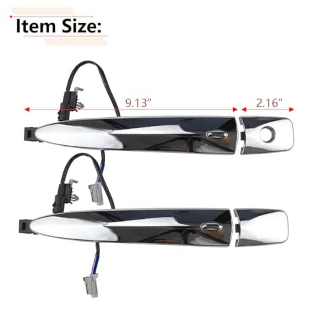 Chrome exterior door handle with wiring harness; includes size measurements