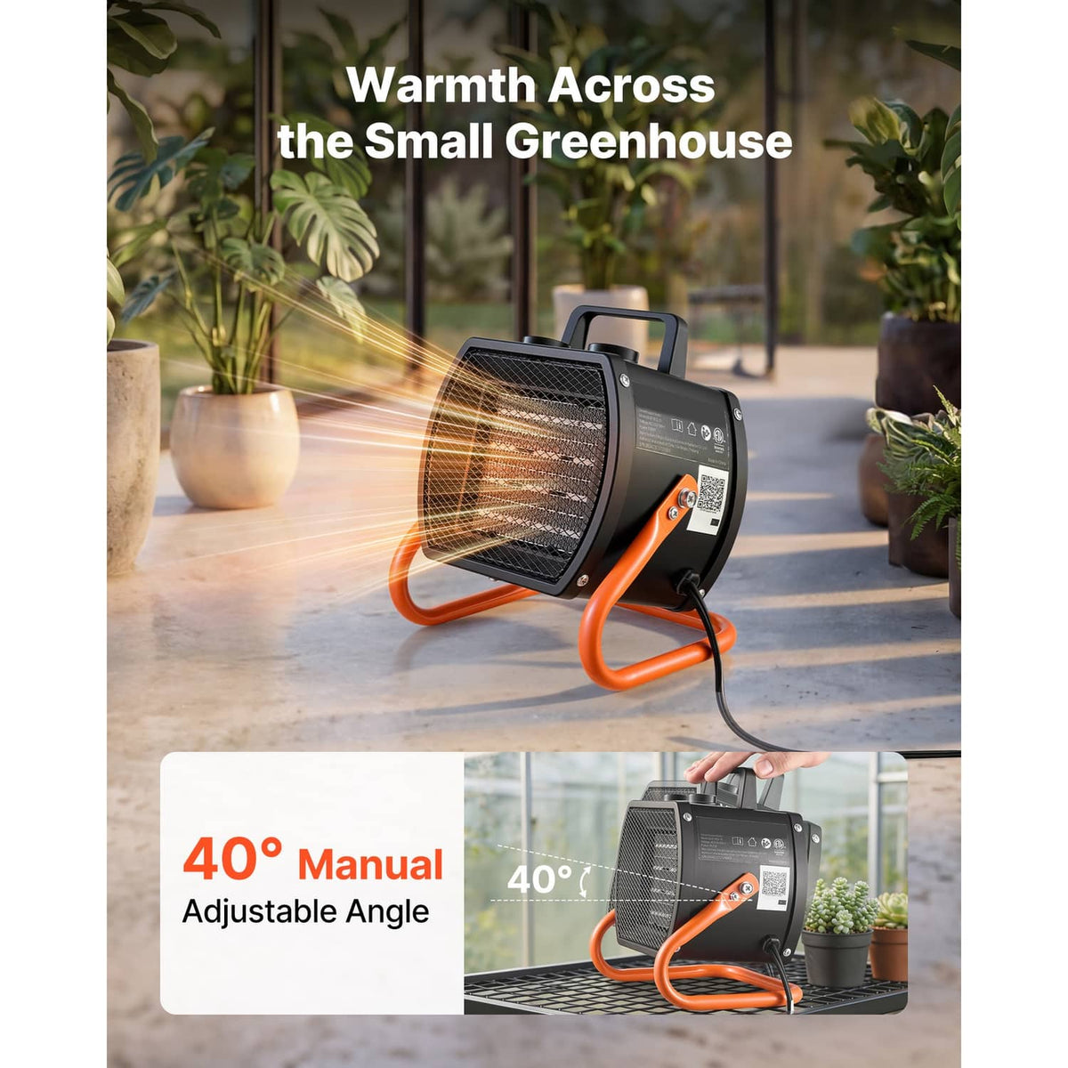 Electric greenhouse heater angled with orange frame and black front grille